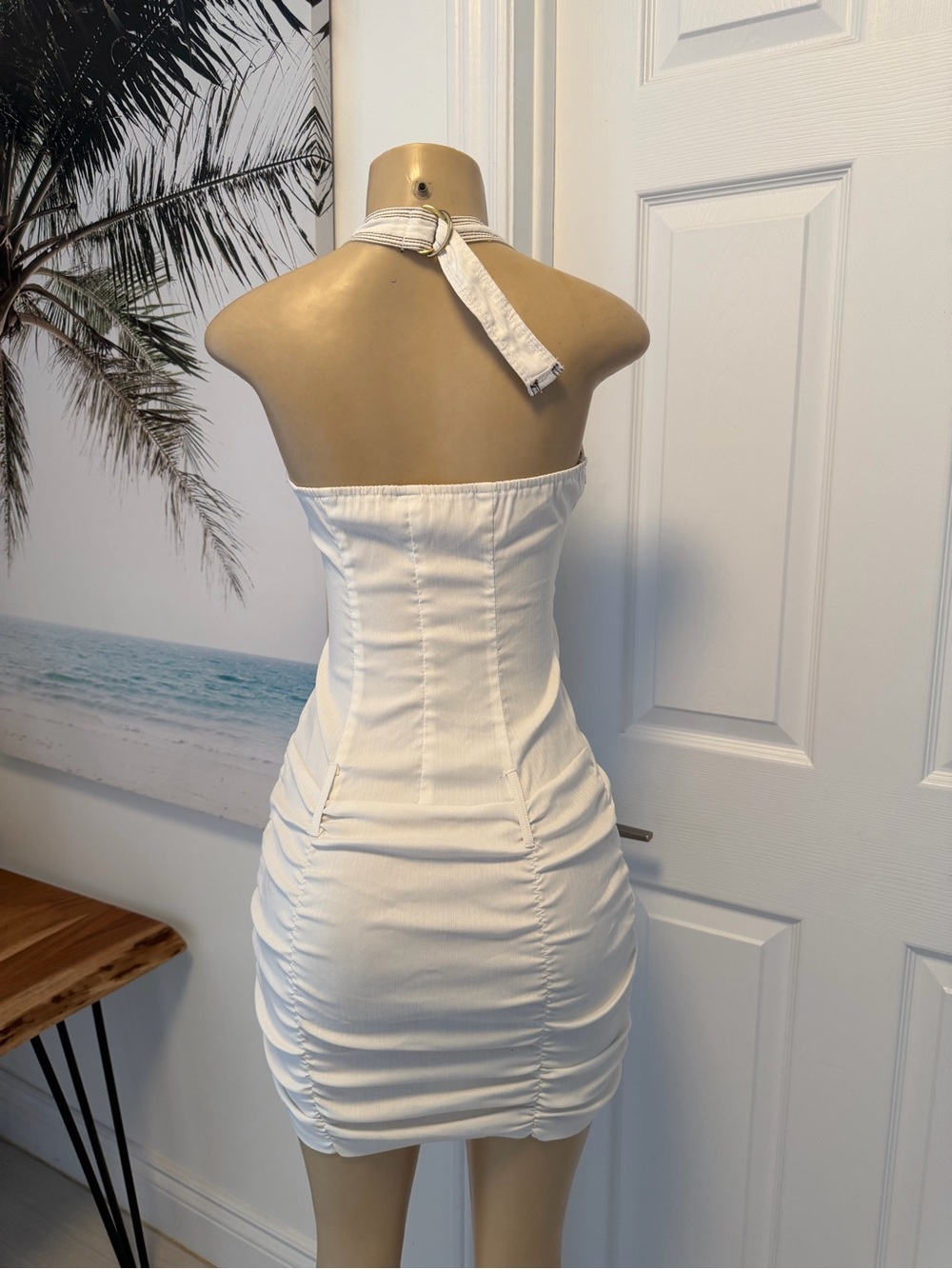 White Ruched Zip-Front Halter Dress - Picture 3 of 3